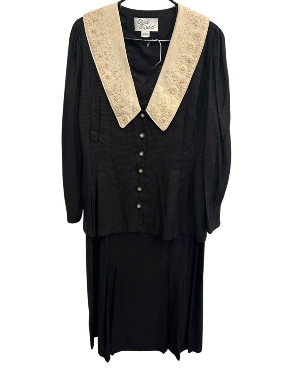Vintage Sarah Elizabeth 18 Black Rayon Two-Piece Dress Set Embroidered Retro